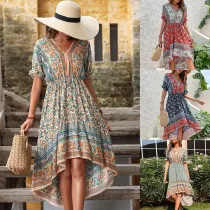 Women Short Sleeve Bohemia Swing Midi Dress