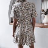Women Short Sleeve Waist Surplice Chiffon Mini Dress