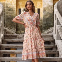 Women Short Sleeve Surplice Floral Printed Bohemia Midi Dress