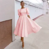 Women Puff Sleeve A-Line High Waist Big Swing Formal Midi Dress