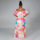 Women Off the Shoulder Floral Printed High Waist Chiffon Maxi Dress