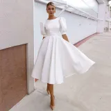 Women Puff Sleeve A-Line High Waist Big Swing Formal Midi Dress