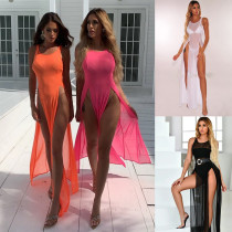 Women Mesh Cover Up Perspective Split Sleeveless Dress