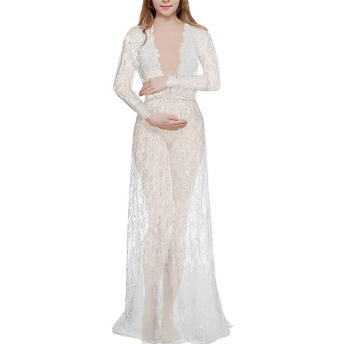 Pregnant Women V-neck Long Sleeve Lace Perspective Trailing Maxi Dress