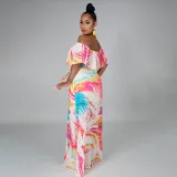 Women Off the Shoulder Floral Printed High Waist Chiffon Maxi Dress