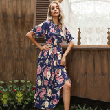Women Short Sleeve Mock-Neck Floral Printed Polyester Maxi Dress