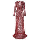 Pregnant Women V-neck Long Sleeve Lace Perspective Trailing Maxi Dress