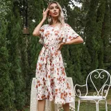 Women Short Lotus Leaf Sleeve Floral Printed Midi Dress