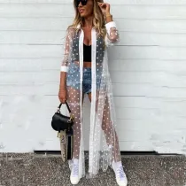 Women Mesh See-through Kimono Dots Long Cardigan