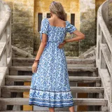 Women Blue Off-the-Shoulder Short Sleeve Vintage Print Maxi Dress