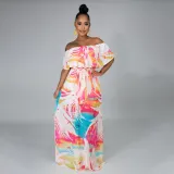 Women Off the Shoulder Floral Printed High Waist Chiffon Maxi Dress