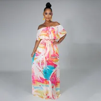 Women Off the Shoulder Floral Printed High Waist Chiffon Maxi Dress