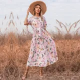 Women Short Sleeve Mock-Neck Floral Printed Polyester Maxi Dress
