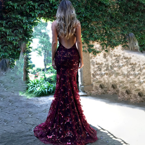 Women Sling Backless Bodycon Sequin Fishtail Formal Maxi Dress