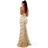 Women Sling Backless Bodycon Sequin Fishtail Formal Maxi Dress