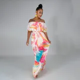 Women Off the Shoulder Floral Printed High Waist Chiffon Maxi Dress