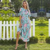 Women Short Sleeve Mock-Neck Floral Printed Polyester Maxi Dress