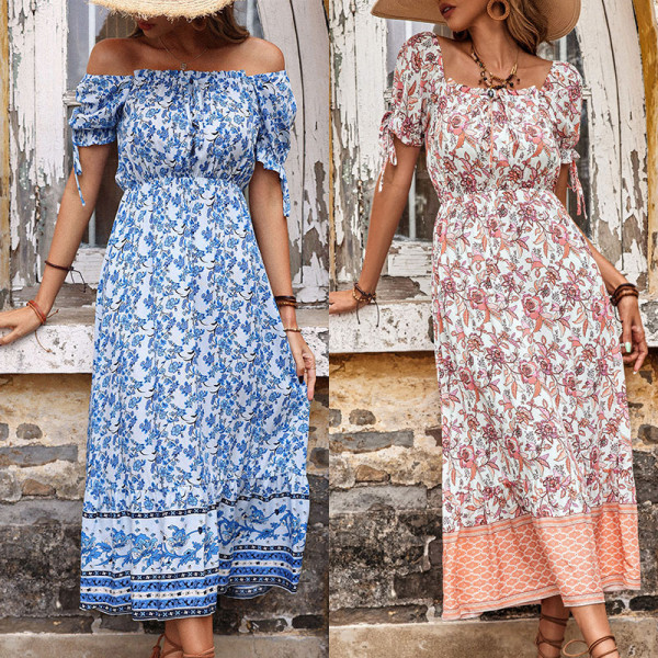 Women Blue Off-the-Shoulder Short Sleeve Vintage Print Maxi Dress