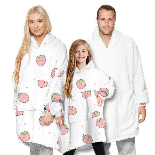 Strawberry Parent-Child Padded Lamb Velvet Wearable Oversized Sherpa Blanket Hoodie Sweatshirt Super Soft Warm Plush Hooded Blanket