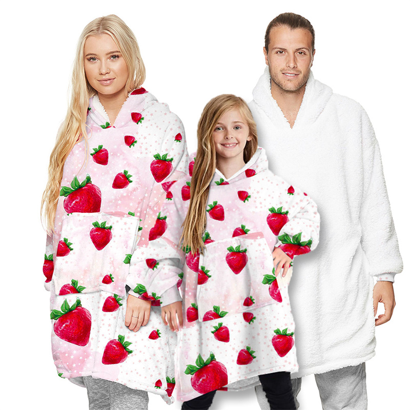 Strawberry Parent-Child Padded Lamb Velvet Wearable Oversized Sherpa Blanket Hoodie Sweatshirt Super Soft Warm Plush Hooded Blanket