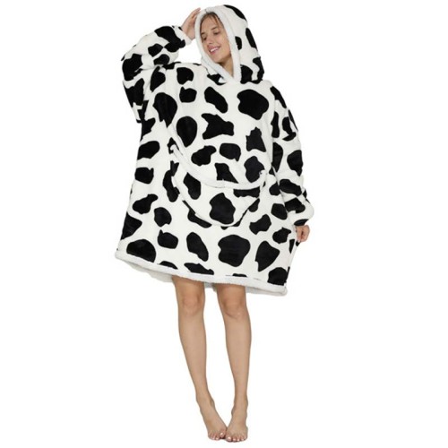 Adult Cow Wearable Oversized Sherpa Blanket Hoodie Sweatshirt Super Soft Warm Plush Hooded Blanket