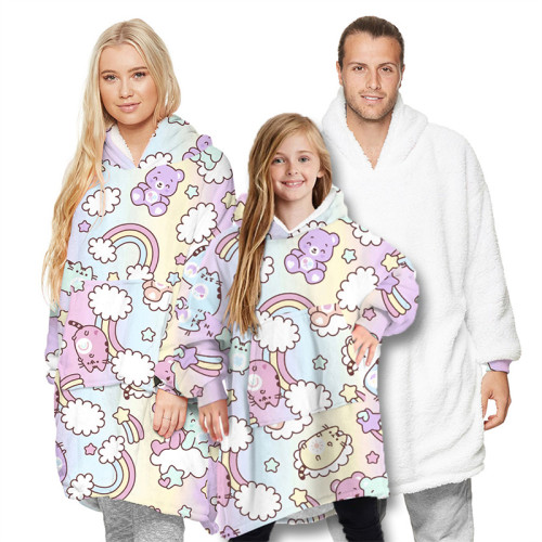 Rainbow Print Parent-Child Home Wearable Oversized Sherpa Blanket Hoodie Sweatshirt Super Soft Warm Plush Hooded Blanket