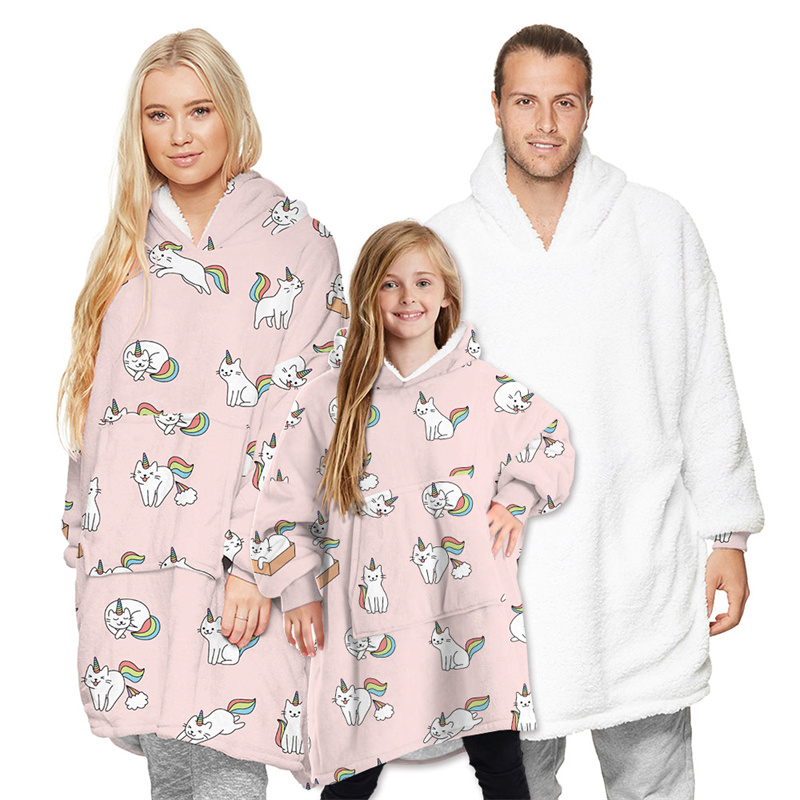 Cat Parent-ChildWearable Oversized Sherpa Blanket Hoodie Sweatshirt Super Soft Warm Plush Hooded Blanket