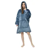 Adult Blue Wearable Oversized Sherpa Blanket Hoodie Sweatshirt Super Soft Warm Plush Hooded Blanket