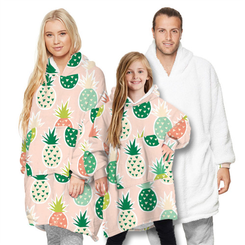Pineapple Parent-Child Padded Lamb Velvet Wearable Oversized Sherpa Blanket Hoodie Sweatshirt Super Soft Warm Plush Hooded Blanket