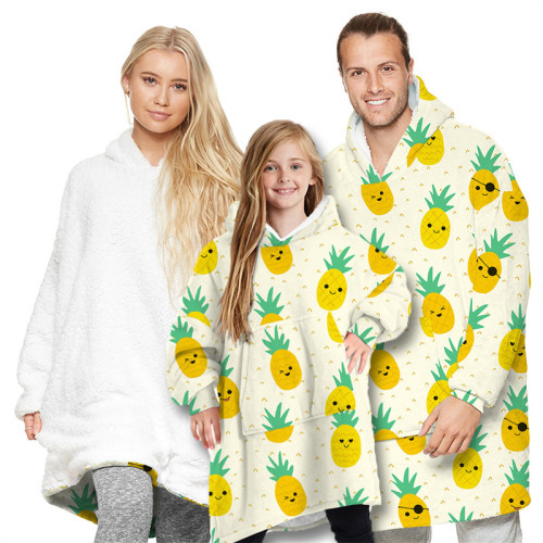 Pineapple Parent-Child Padded Lamb Velvet Wearable Oversized Sherpa Blanket Hoodie Sweatshirt Super Soft Warm Plush Hooded Blanket