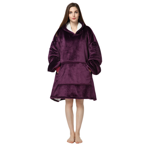 Adult Purple Color Wearable Oversized Sherpa Blanket Hoodie Sweatshirt Super Soft Warm Plush Hooded Blanket