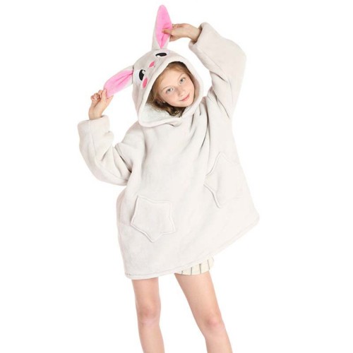 Kids Bunny Hooded Wearable Oversized Sherpa Blanket Hoodie Sweatshirt Super Soft Warm Plush Hooded Blanket