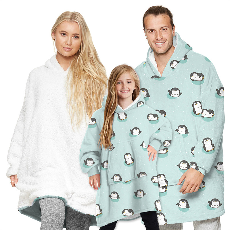 Penguin Parent-ChildWearable Oversized Sherpa Blanket Hoodie Sweatshirt Super Soft Warm Plush Hooded Blanket