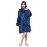 Adult Blue Wearable Oversized Sherpa Blanket Hoodie Sweatshirt Super Soft Warm Plush Hooded Blanket