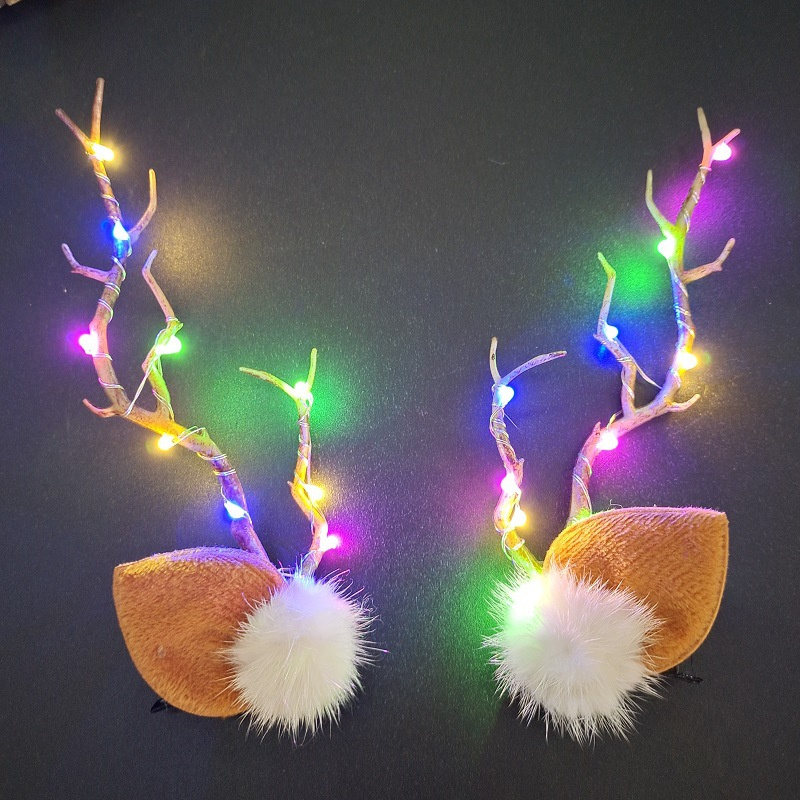 Merry Christmas Fur Ear Lamp Elk Headpiece LED Light Up Headdress Hairpin