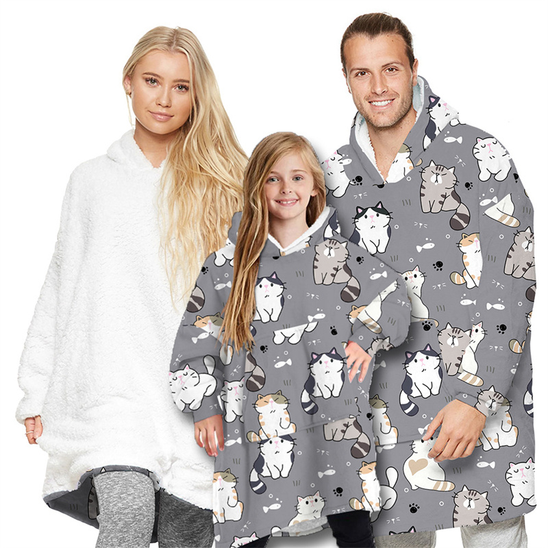 Cat Print Parent-Child Home Wearable Oversized Sherpa Blanket Hoodie Sweatshirt Super Soft Warm Plush Hooded Blanket