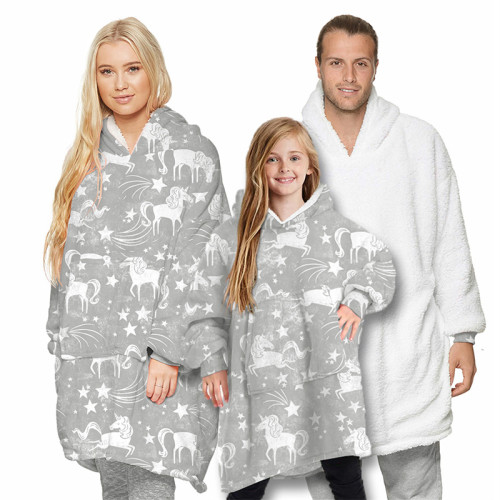 Horse Parent-Child Wearable Oversized Sherpa Blanket Hoodie Sweatshirt Super Soft Warm Plush Hooded Blanket