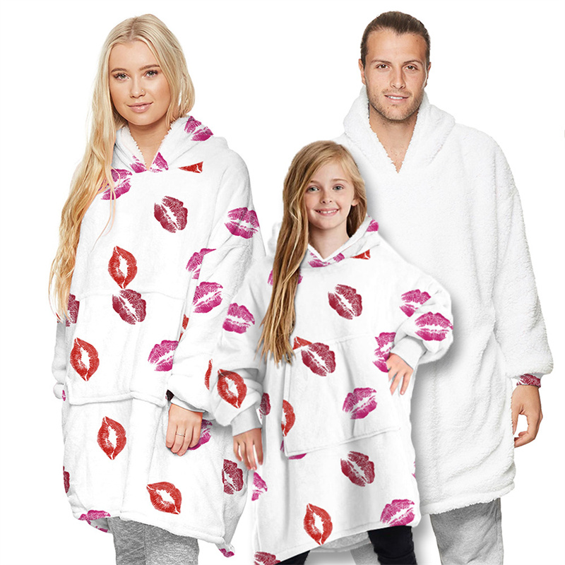Lip Print Parent-Child Home Wearable Oversized Sherpa Blanket Hoodie Sweatshirt Super Soft Warm Plush Hooded Blanket