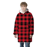 Plaid Print Parent-Child Wearable Oversized Sherpa Blanket Hoodie Sweatshirt Super Soft Warm Plush Hooded Blanket