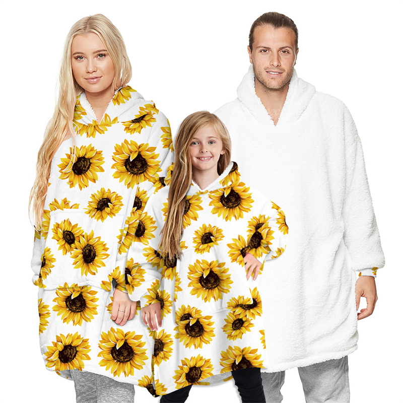 Sunflower Parent-ChildWearable Oversized Sherpa Blanket Hoodie Sweatshirt Super Soft Warm Plush Hooded Blanket