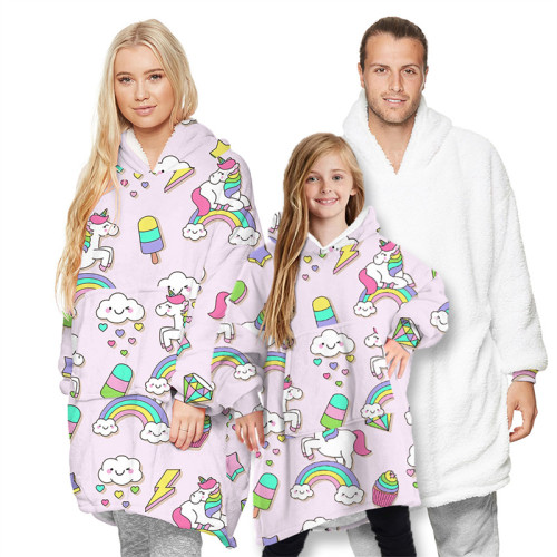 Cloud Print Parent-Child Home Wearable Oversized Sherpa Blanket Hoodie Sweatshirt Super Soft Warm Plush Hooded Blanket