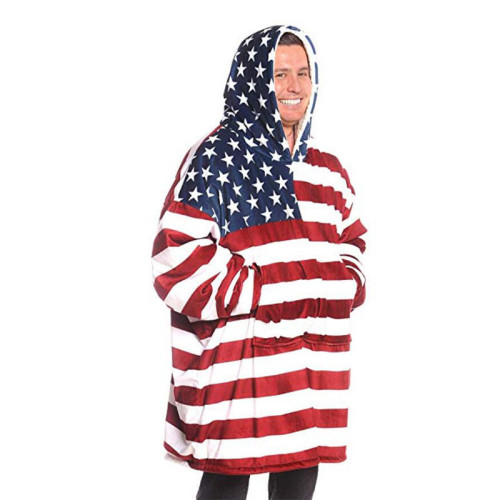 American Flag Lazy Blanket Hooded TV Blanket Plus Velvet Warm Casual Sweater Blanket