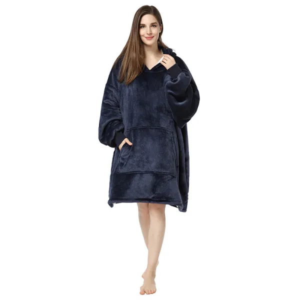 Adult Navy Wearable Oversized Sherpa Blanket Hoodie Sweatshirt Super Soft Warm Plush Hooded Blanket