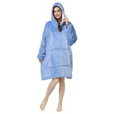 Adult Blue Wearable Oversized Sherpa Blanket Hoodie Sweatshirt Super Soft Warm Plush Hooded Blanket