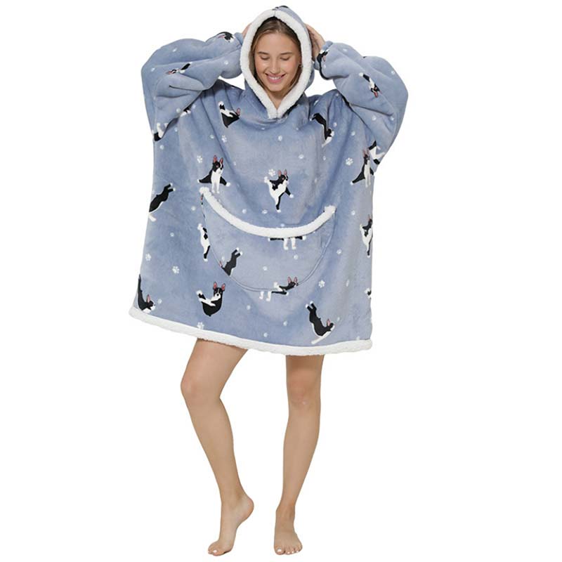 Adult Cute Dog Hooded Wearable Oversized Sherpa Blanket Hoodie Sweatshirt Super Soft Warm Plush Hooded Blanket