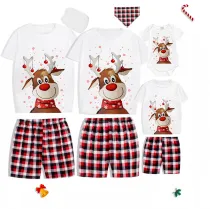 KidsHoo Exclusive Design Cute White Christmas Deer T-shirt and Red Plaids Short Pants Christmas Family Matching Sleepwear Pajamas Sets