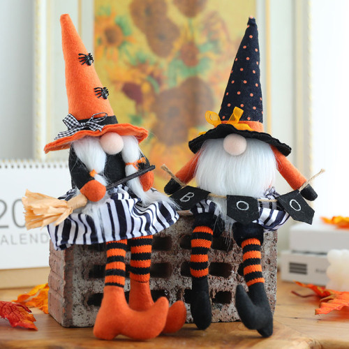 Halloween Long Hat and Long Leg with Broom Faceless Gnome Doll For Creative Ornaments