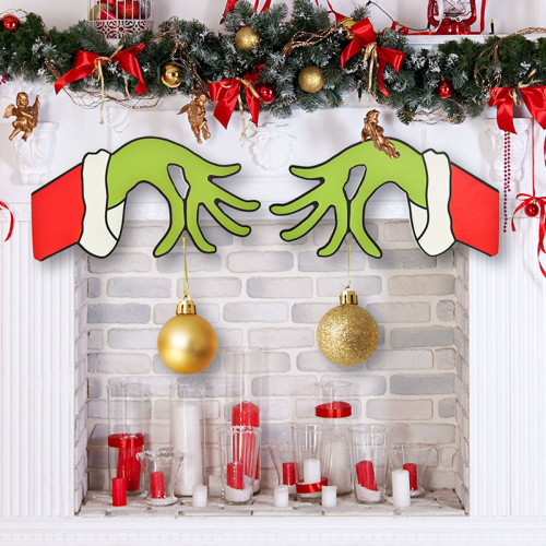 Christmas Wooden Hollow Out Door Hanger Grinch Gesture for Christmas Decoration