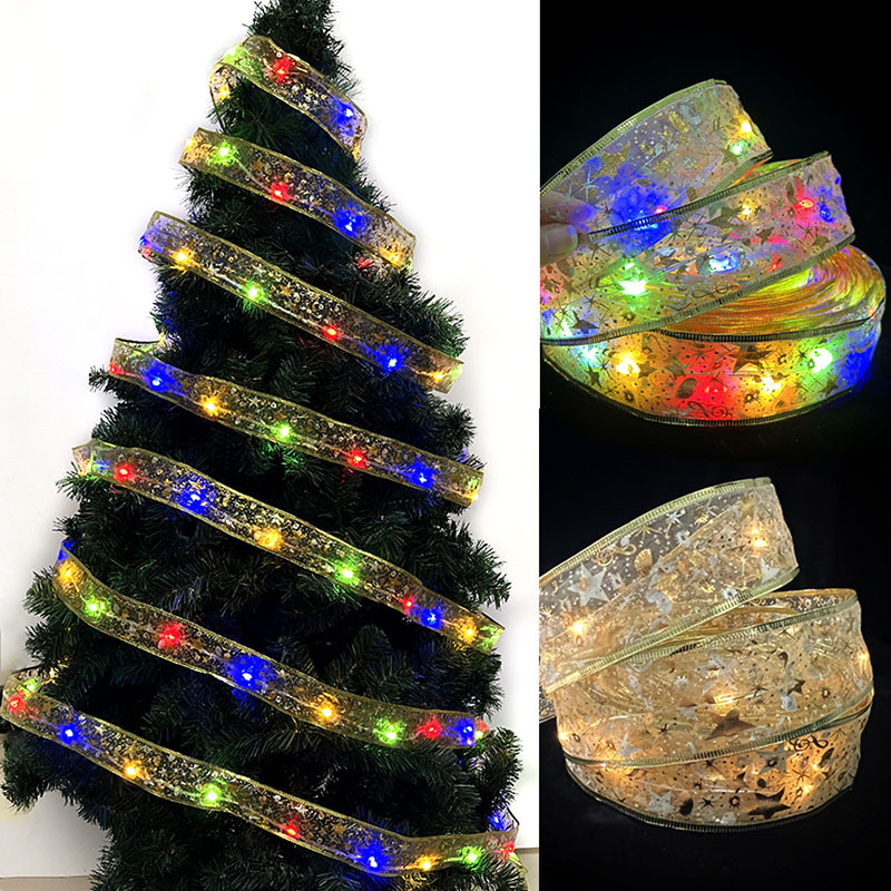 Christmas Colour Light Led Bronzing Double Ribbon Christmas Tree Decorative Pendant