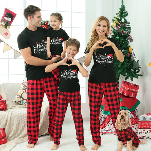 Christmas Matching Family Pajamas Christmas Hat Black Short Plaids Pajamas Set